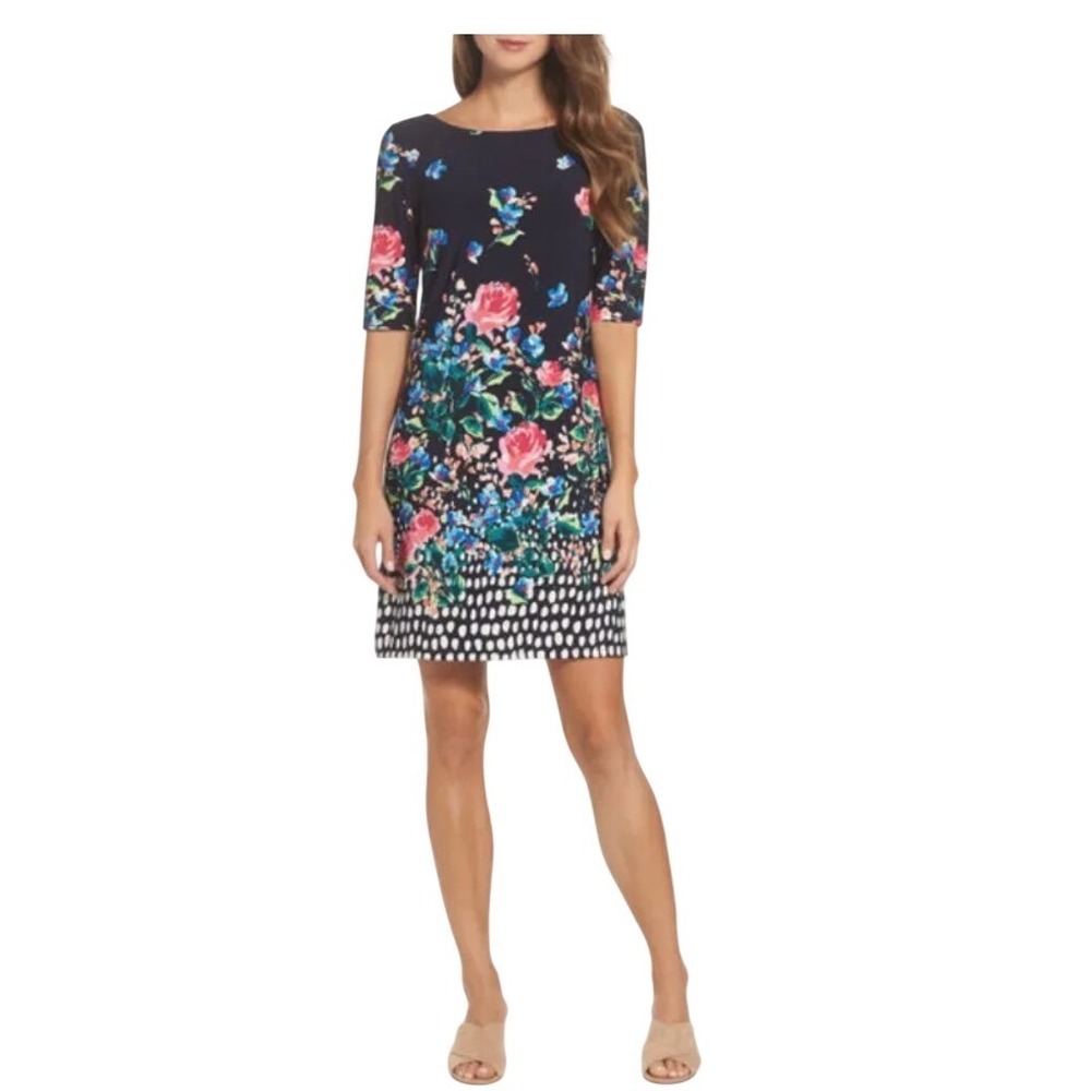 Eliza J Navy Floral Polka Dot Shift Dress Gold Zip Back Size 6 NWT‎